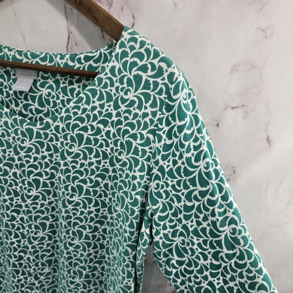 Chicos Shirt Womens Large 2 Green White Half Quarter Sleeve Stretch Scoop Tee - Picture 9 of 10